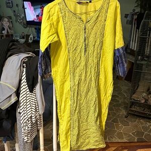 Elegant Yellow and Blue Long Sleeve Dress